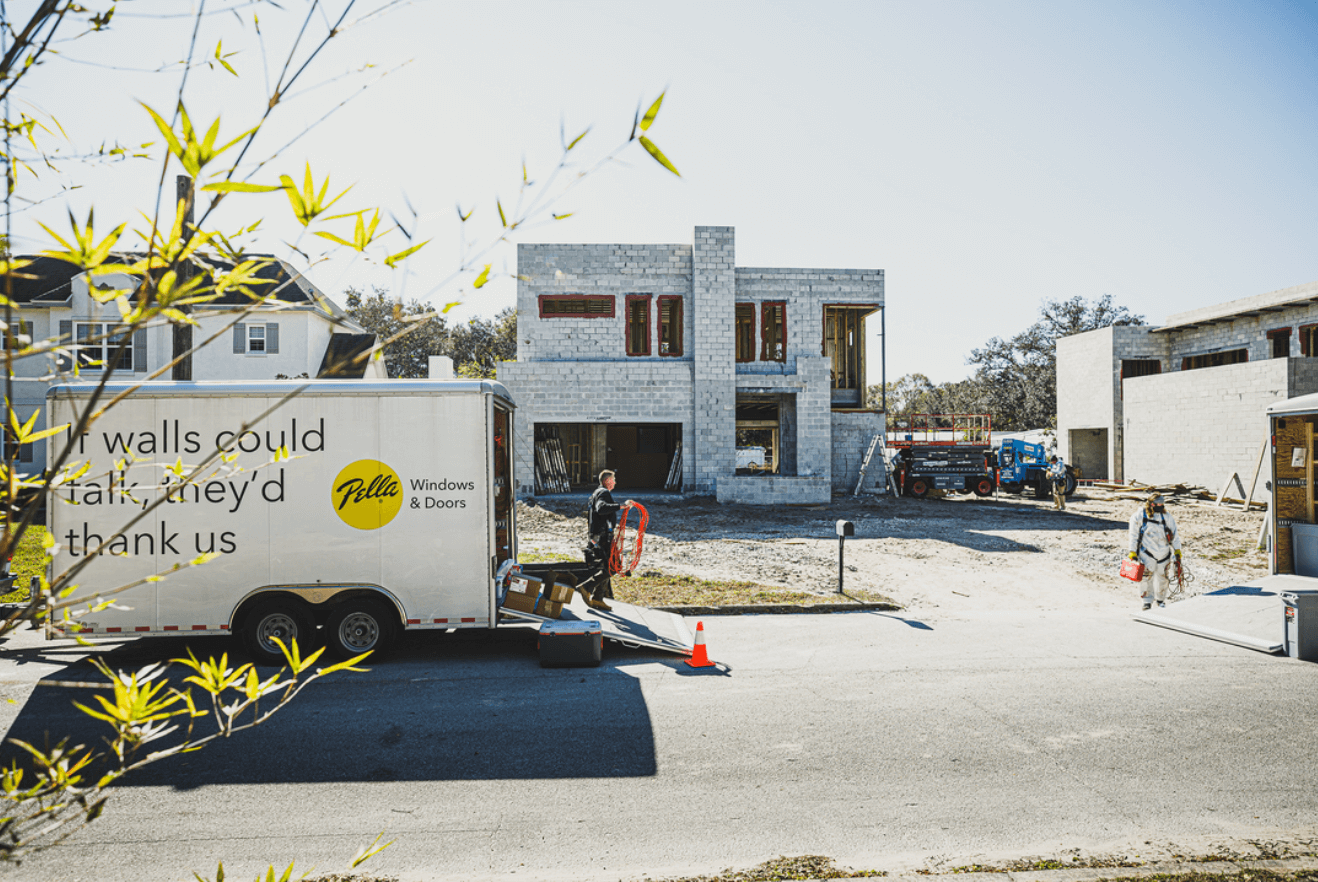 residential window project with Pella truck outside