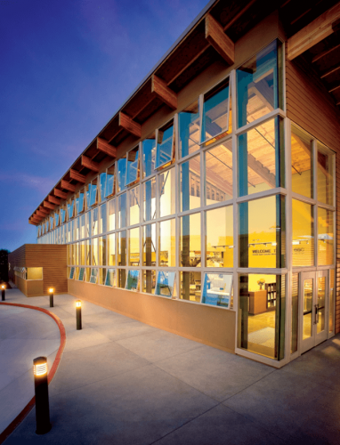 commercial-contractor office building with wall of windows by Pella